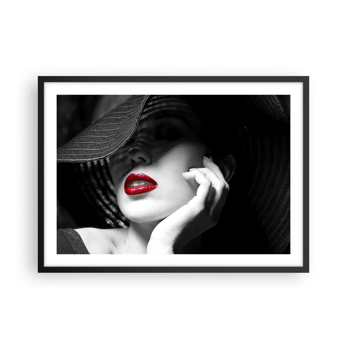 Affiche dans un cadre noir - Poster - Portrait noir et blanc d'une femme aux lèvres rouges - 70x50cm - Étude écarlate - Décoration murale moderne pour le salon et la chambre ARTTOR