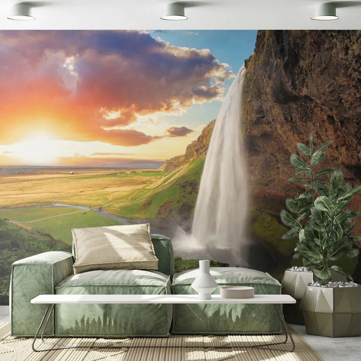 Papier Peint Photo Standard Eco - Une cascade pittoresque tombant d'un rocher au coucher du soleil - 100x70cm - La plénitude de l'été islandais - Décoration murale moderne pour le salon et la chambre ARTTOR