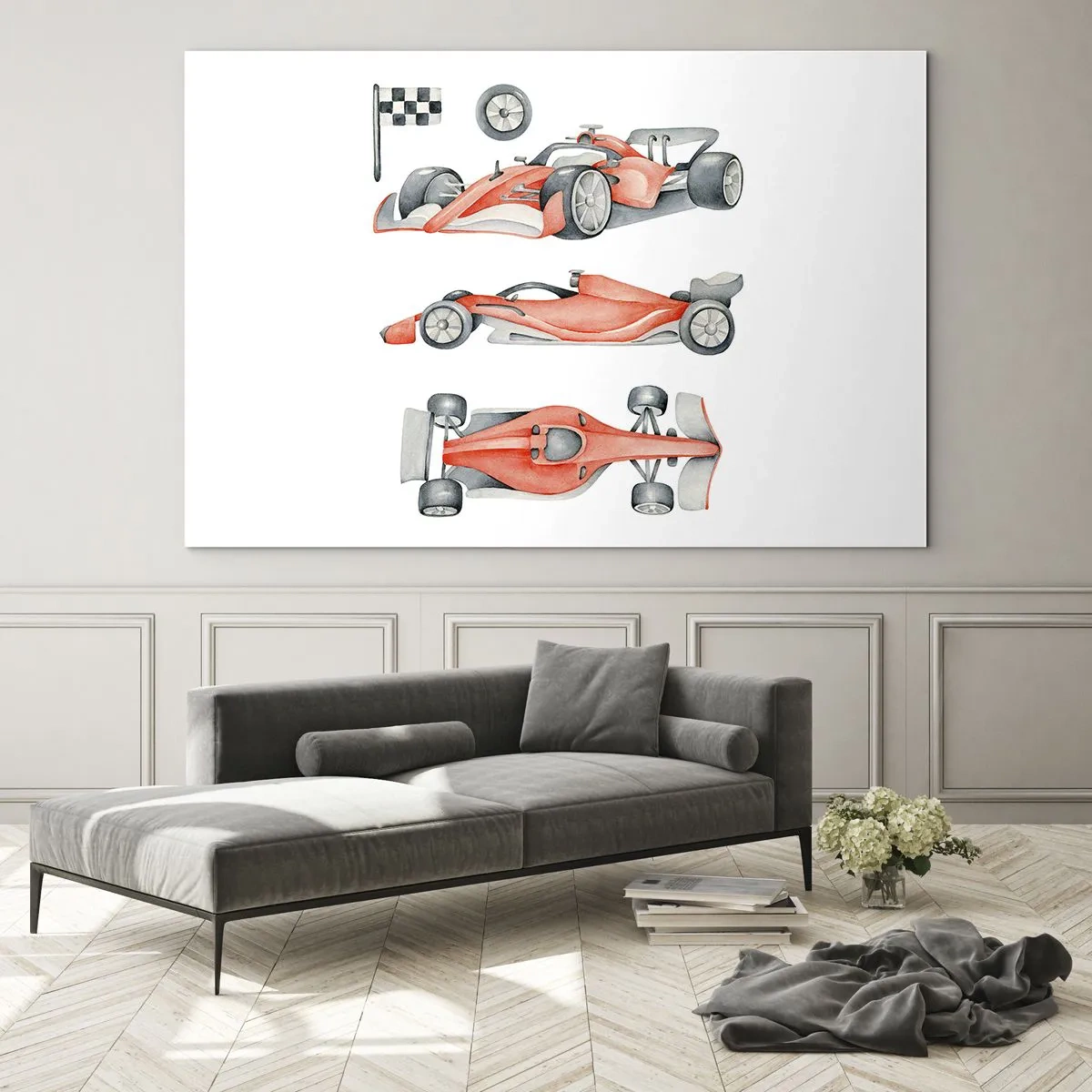 Impression sur verre - Image sur verre - Illustration en trois plans d'une voiture de course rouge avec un drapeau de course - 120x80cm - poursuis ton rêve - Décoration murale moderne pour le salon et la chambre ARTTOR