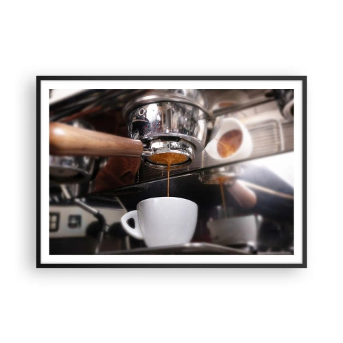 Affiche dans un cadre noir - Poster - Gros plan d'une machine à café préparant un expresso frais - 100x70cm - Bon moment de la journée - Décoration murale moderne pour le salon et la chambre ARTTOR