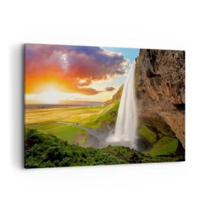 Impression sur toile - Image sur toile - Une cascade dans un paysage pittoresque au coucher du soleil - 120x80cm - La plénitude de l'été islandais - Décoration murale moderne pour le salon et la chambre ARTTOR