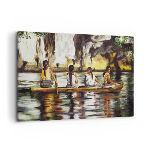 Impression sur toile - Image sur toile - Femmes dans un bateau sur une rivière calme avec un arrière-plan pittoresque - 120x80cm - Dans un paradis polynésien - Décoration murale moderne pour le salon et la chambre ARTTOR