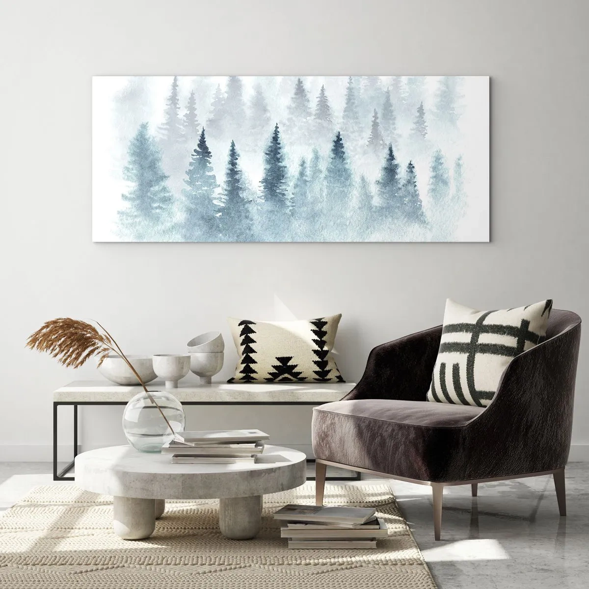 Impression sur verre - Image sur verre - Forêts de conifères baignées d'un brouillard délicat - 120x50cm - Enveloppé de brouillard - Décoration murale moderne pour le salon et la chambre ARTTOR