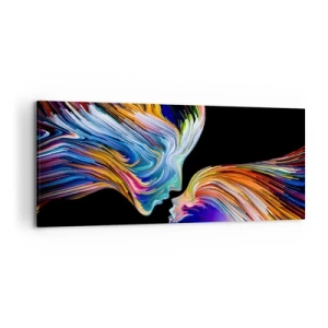 Impression sur toile - Image sur toile - Silhouettes colorées de visages dans des flux dynamiques sur fond noir - 120x50cm - Une fusion d'énergie et de lumière - Décoration murale moderne pour le salon et la chambre ARTTOR