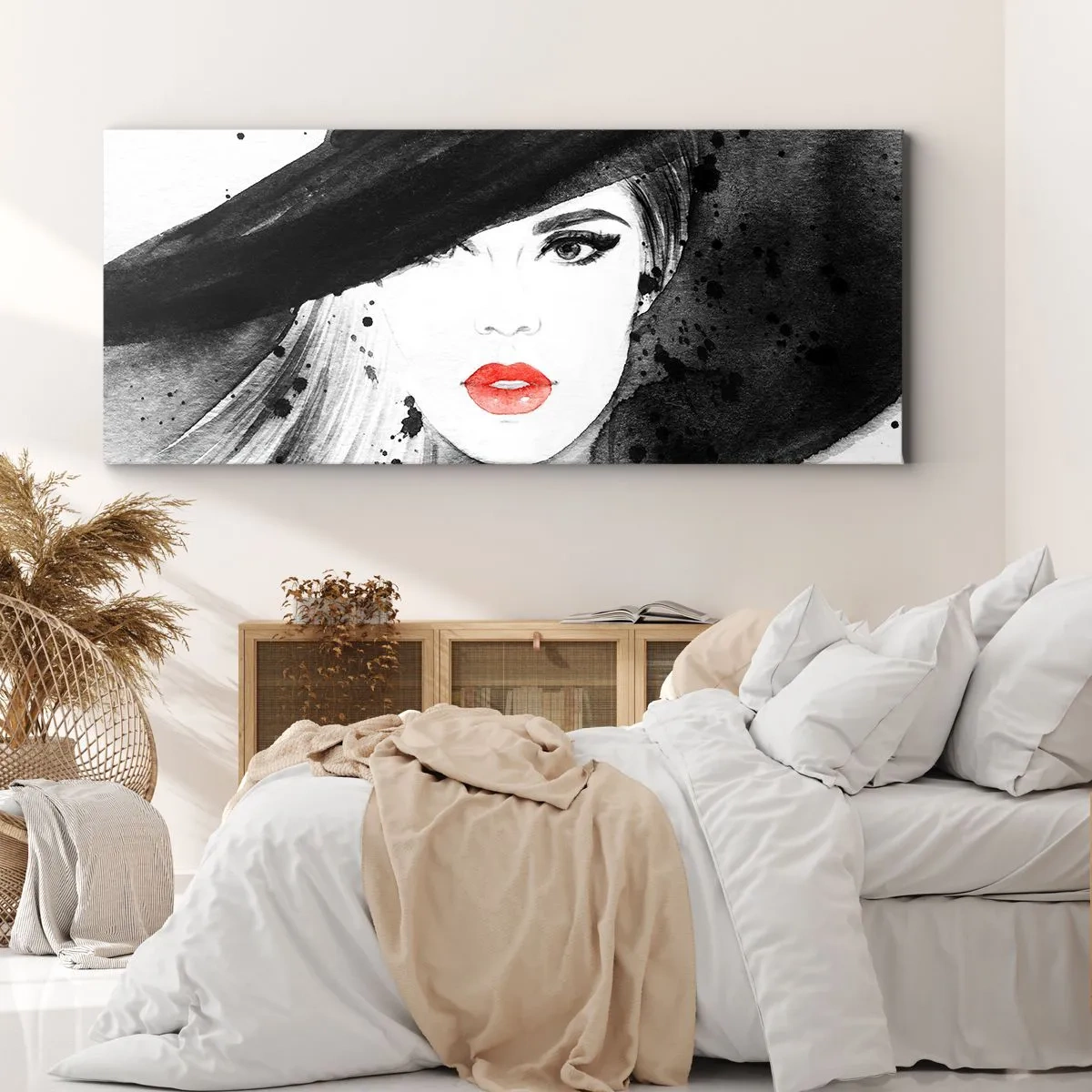 Impression sur toile - Image sur toile - Portrait d'une femme au chapeau et aux lèvres rouges - 140x50cm - Dame en noir - Décoration murale moderne pour le salon et la chambre ARTTOR
