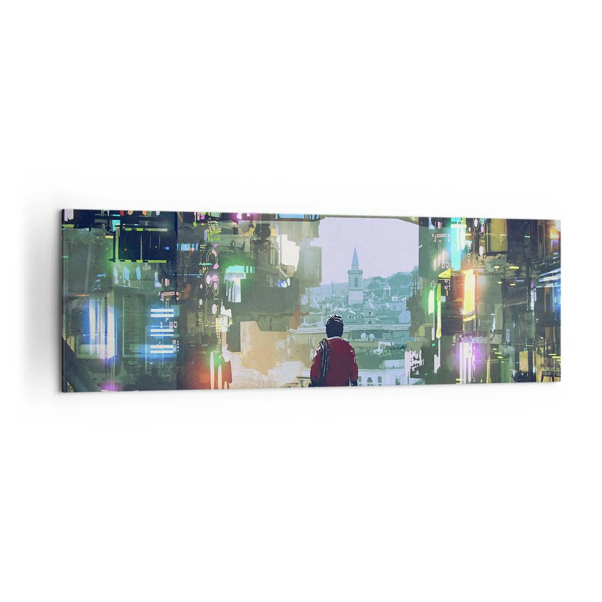 Impression sur toile - Image sur toile - Une silhouette dans une ville futuriste avec des néons - 160x50cm - Deux mondes - Décoration murale moderne pour le salon et la chambre ARTTOR