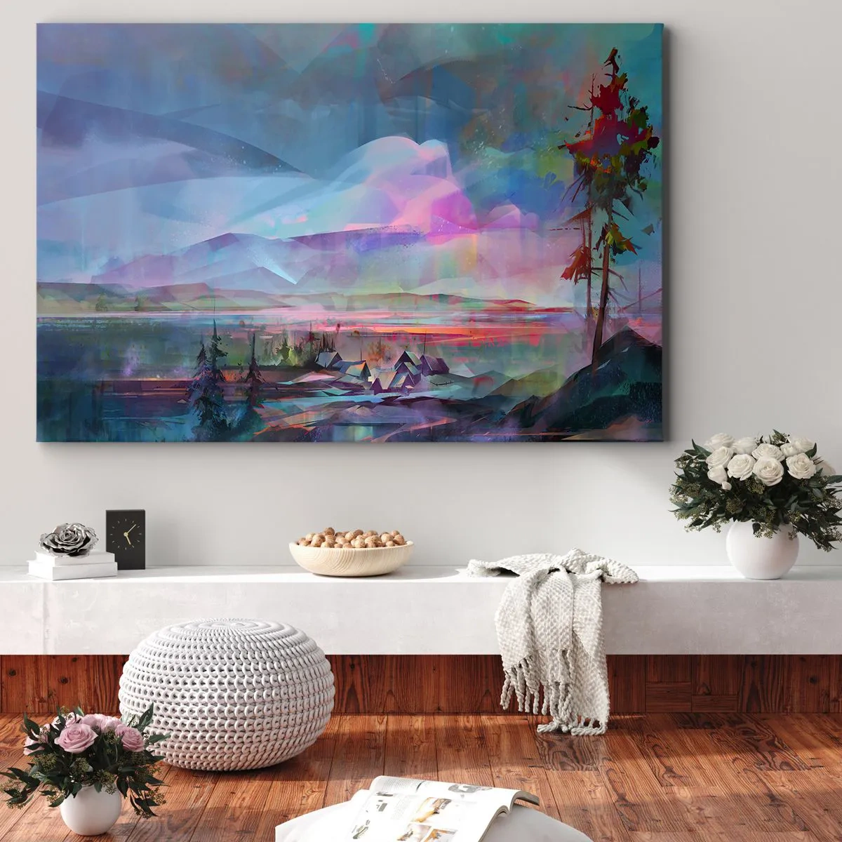 Impression sur toile - Image sur toile - Paysage de montagne avec un ciel coloré et un village - 100x70cm - Sous un ciel bienveillant - Décoration murale moderne pour le salon et la chambre ARTTOR