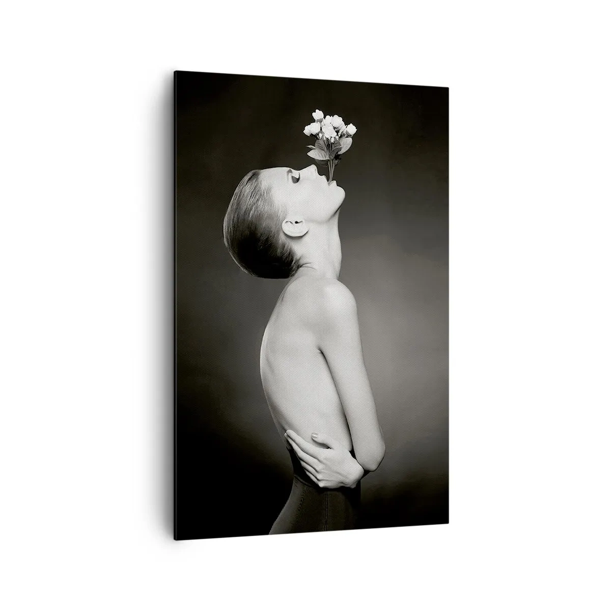 Impression sur toile - Image sur toile - Silhouette noire et blanche d'une femme avec une fleur - 80x120cm - Elégance excentrique - Décoration murale moderne pour le salon et la chambre ARTTOR