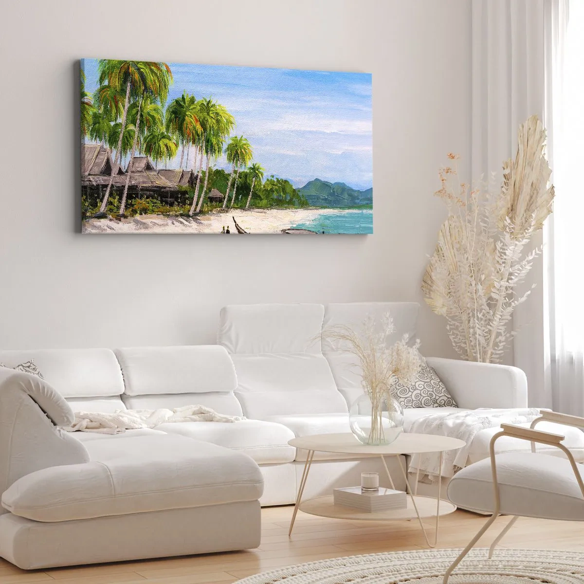 Impression sur toile - Image sur toile - Une plage exotique avec des palmiers et un bateau sur le rivage - 160x50cm - Rêve exotique - Décoration murale moderne pour le salon et la chambre ARTTOR