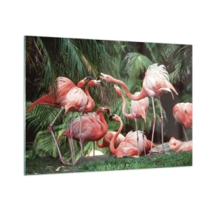 Impression sur verre - Image sur verre - Flamants roses parmi la végétation tropicale aux couleurs vives - 100x70cm - Potins d'après-midi - Décoration murale moderne pour le salon et la chambre ARTTOR