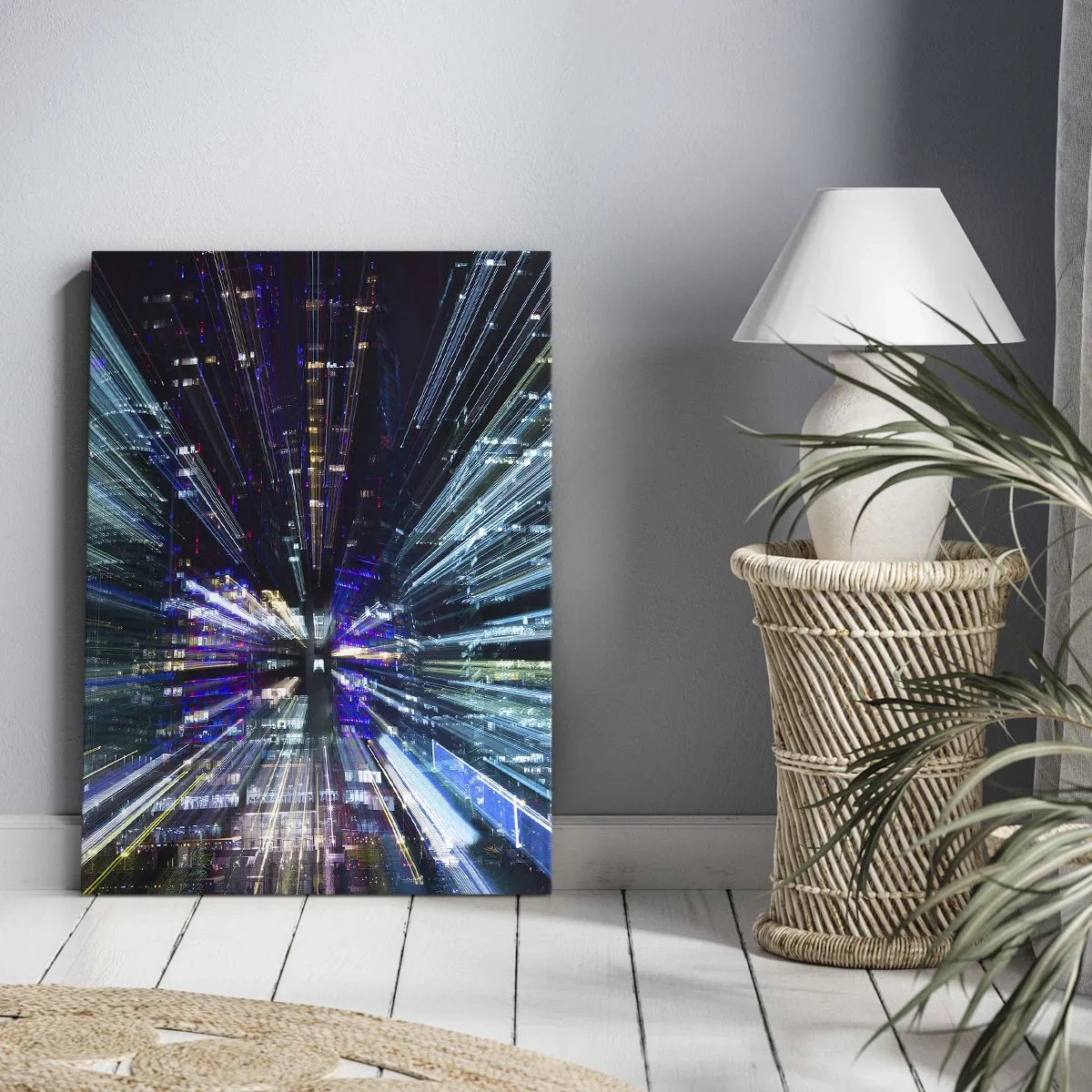 Impression sur toile - Image sur toile - Vue dynamique de la ville la nuit avec un effet de lumière - 50x70cm - Transition vers l'hyperespace - Décoration murale moderne pour le salon et la chambre ARTTOR