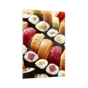 Impression sur verre - Image sur verre - Sushis colorés disposés en rangées avec diverses garnitures - 80x120cm - Couleurs et saveurs d'Asie - Décoration murale moderne pour le salon et la chambre ARTTOR