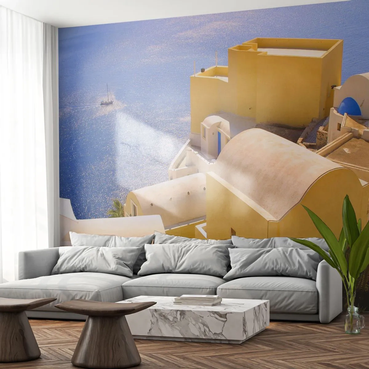 Papier Peint Autocollant Deluxe Sticker - Paysage grec en blanc et bleu ciel - Paysage, Santorin, Grèce - 250x175 cm