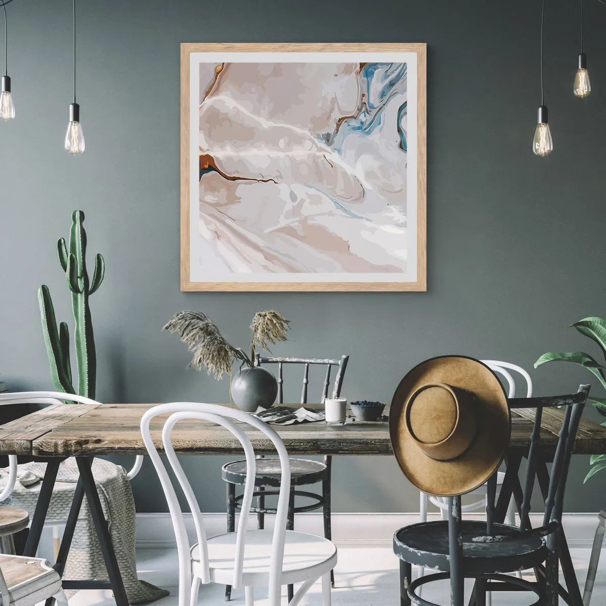 Affiche dans un chêne clair - Poster - Le bleu serpente sous le blanc - 50x50 cm