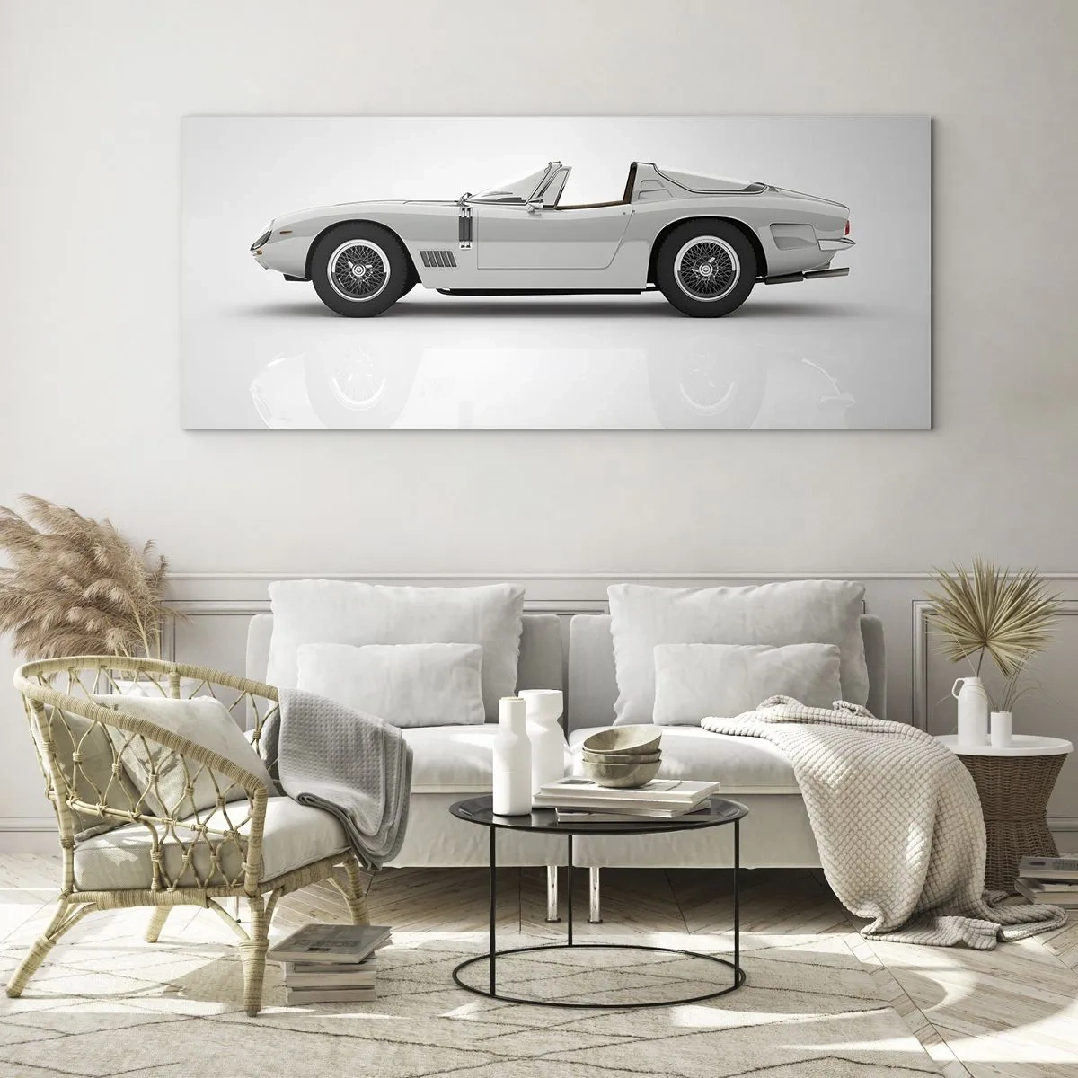Impression sur verre - Image sur verre - Cabriolet blanc classique sur fond clair - 120x50cm - Promesse de plaisir - Décoration murale moderne pour le salon et la chambre ARTTOR