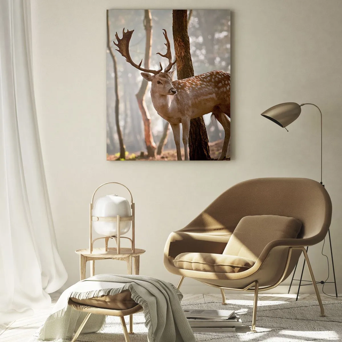 Impression sur verre - Image sur verre - Un cerf dans la forêt entouré de brouillard matinal - 50x70cm - La lumière de la jeunesse - Décoration murale moderne pour le salon et la chambre ARTTOR