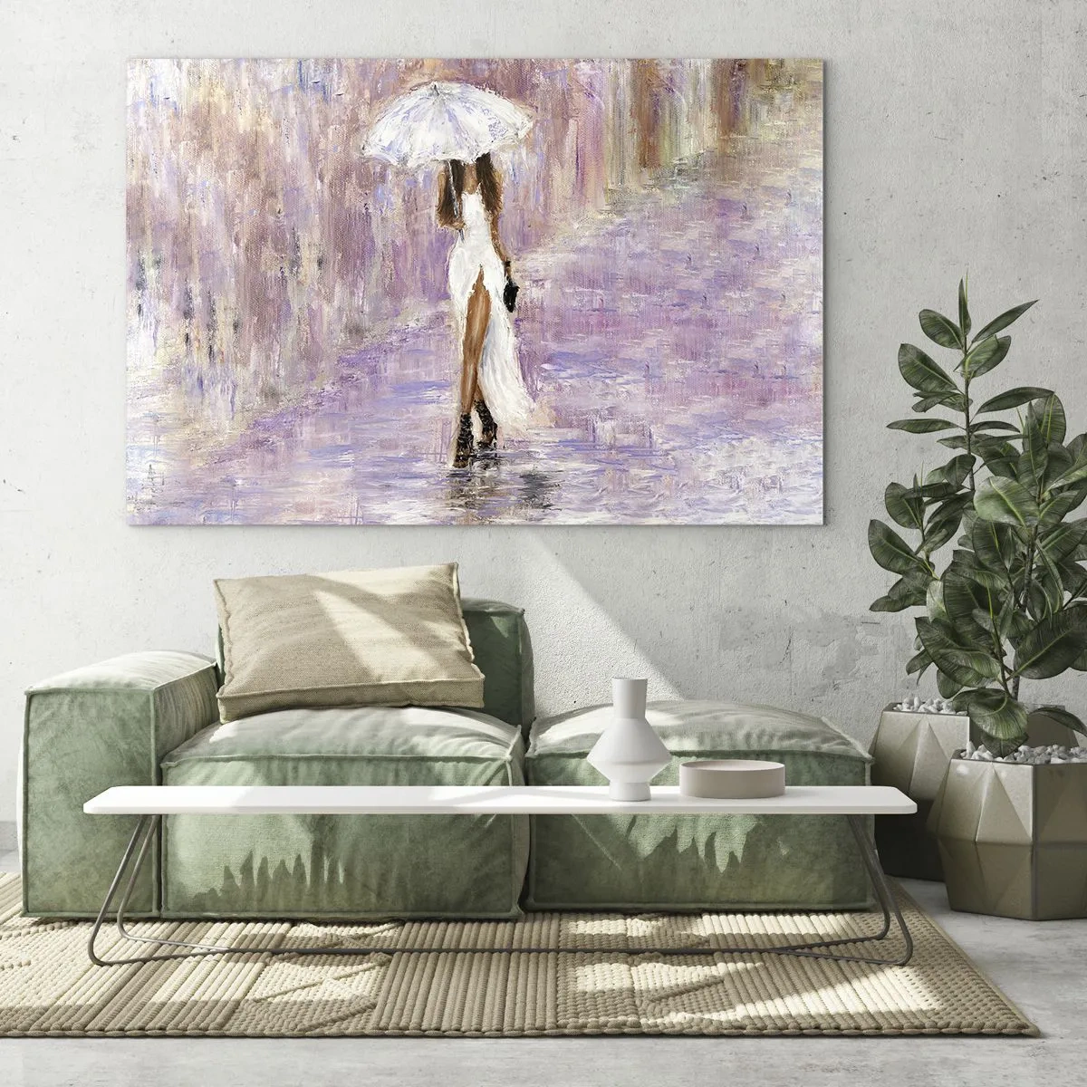 Impression sur verre - Image sur verre - Figure d'une femme avec un parapluie dans une scène de pluie lilas - 70x50cm - Sous la pluie lilas - Décoration murale moderne pour le salon et la chambre ARTTOR