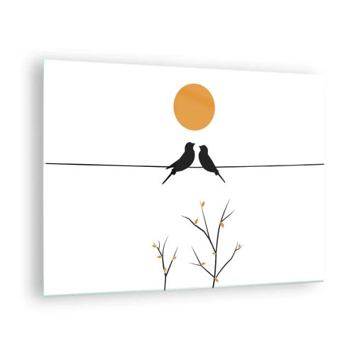 Impression sur verre - Image sur verre - Oiseaux sur une ligne sous un soleil orange - 70x50cm - Soirée pour rossignols - Décoration murale moderne pour le salon et la chambre ARTTOR