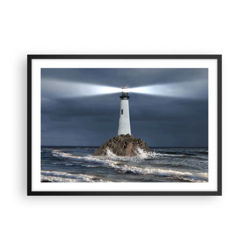 Affiche dans un cadre noir - Poster - Un phare sur un rocher entouré d'une mer agitée - 70x50cm - I… i… ici ! - Décoration murale moderne pour le salon et la chambre ARTTOR