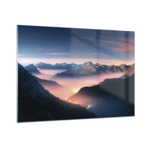 Impression sur verre - Image sur verre - Paysage de montagne au coucher du soleil avec du brouillard dans la vallée - 100x70cm - Lumière dans les vallées - Décoration murale moderne pour le salon et la chambre ARTTOR