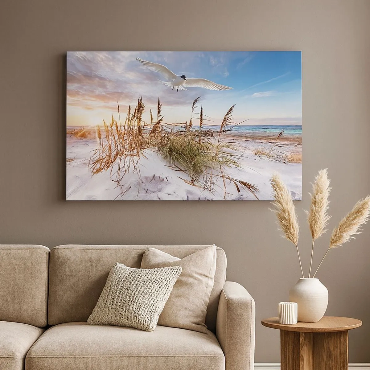 Impression sur toile - Image sur toile - Plage avec des mouettes volant au coucher du soleil - 70x50cm - Vent de mer - Décoration murale moderne pour le salon et la chambre ARTTOR