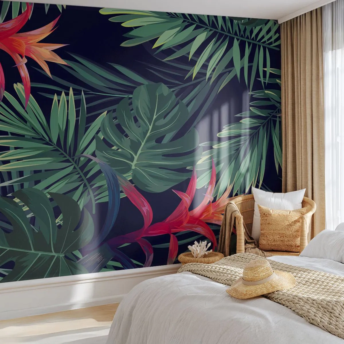 Papier Peint Photo Premium Sand - Feuilles et fleurs exotiques sur fond sombre - 100x70cm - immergé dans la nature - Décoration murale moderne pour le salon et la chambre ARTTOR