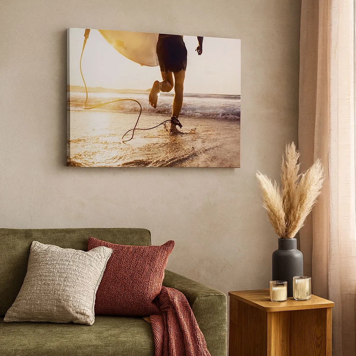 Impression sur toile - Image sur toile - Un surfeur court le long de la plage avec sa planche au soleil. - 70x50cm - A la rencontre des vagues - Décoration murale moderne pour le salon et la chambre ARTTOR