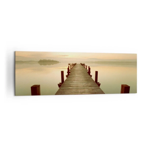 Impression sur toile - Image sur toile - Une jetée en bois sur un lac calme le matin - 160x50cm - L'aube, les premières lueurs, le jour - Décoration murale moderne pour le salon et la chambre ARTTOR