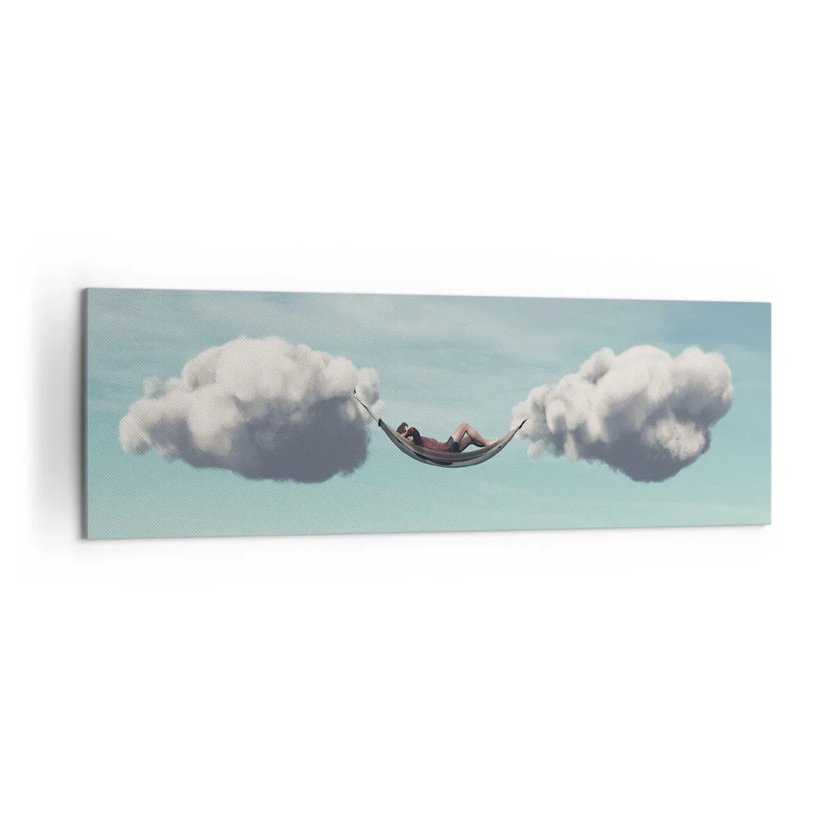 Impression sur toile - Image sur toile - Une personne se détendant dans un hamac suspendu dans les nuages - 160x50cm - Instant de bonheur - Décoration murale moderne pour le salon et la chambre ARTTOR