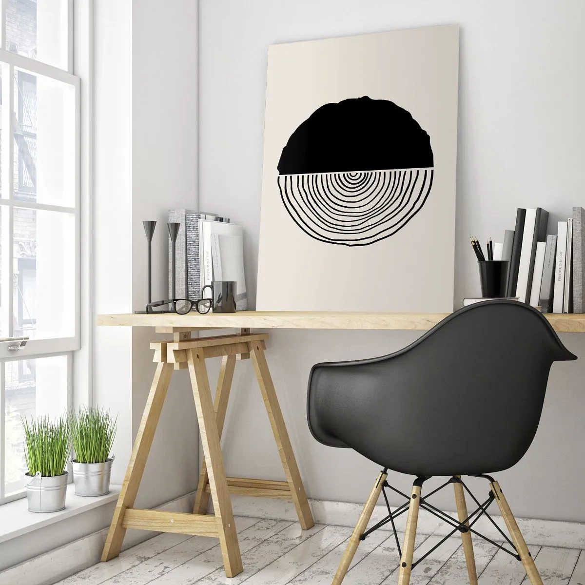 Impression sur verre - Image sur verre - Un motif abstrait en noir et blanc inspiré d'une coupe transversale de bois avec une division géométrique. - 70x100cm - Moitié-moitié - Décoration murale moderne pour le salon et la chambre ARTTOR
