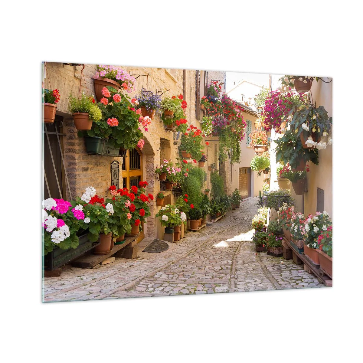 Impression sur verre - Image sur verre - Une rue pittoresque avec des fleurs en pot - 100x70cm - Une inondation de fleurs - Décoration murale moderne pour le salon et la chambre ARTTOR