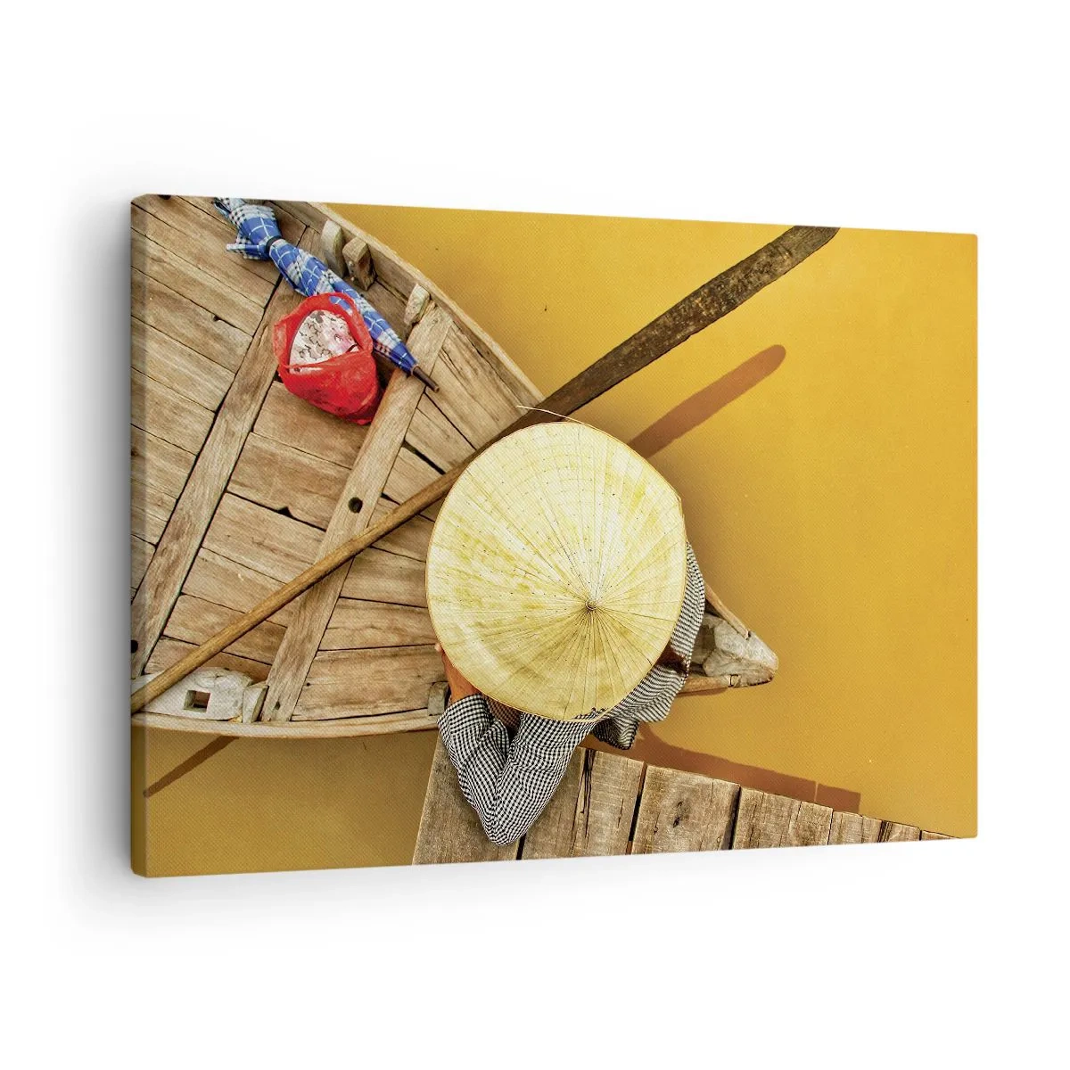 Impression sur toile - Image sur toile - Un bateau traditionnel vu à vol d'oiseau - 70x50cm - La vie sur le fleuve Jaune - Décoration murale moderne pour le salon et la chambre ARTTOR
