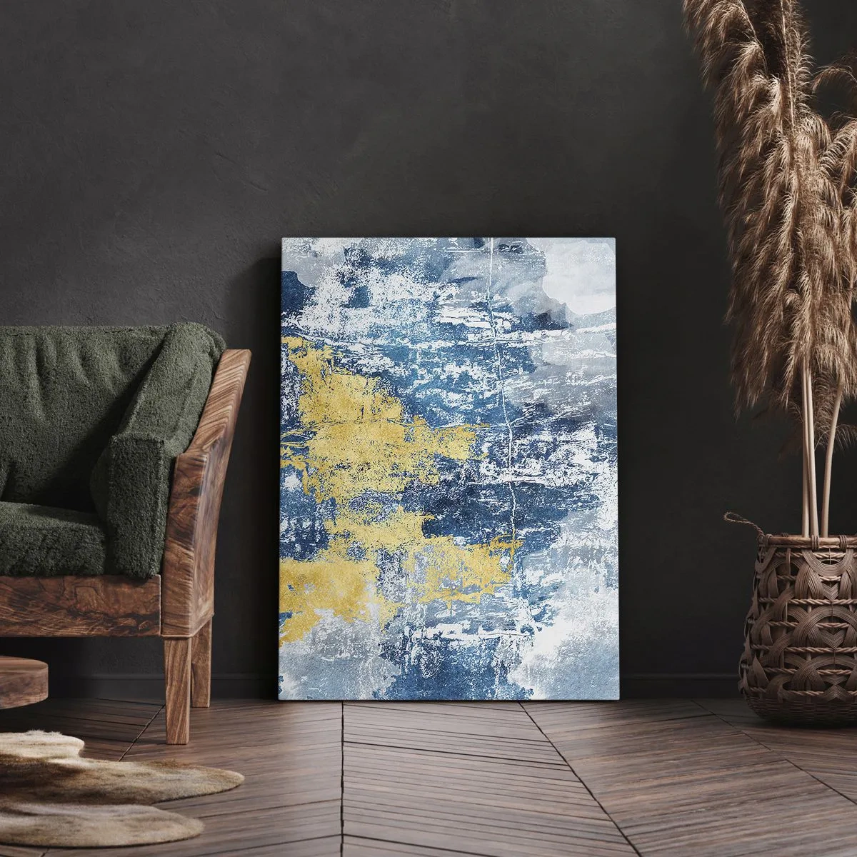 Impression sur toile - Image sur toile - Abstraction dans les tons de bleu et de jaune - 70x100cm - Abstraction du temps - Décoration murale moderne pour le salon et la chambre ARTTOR