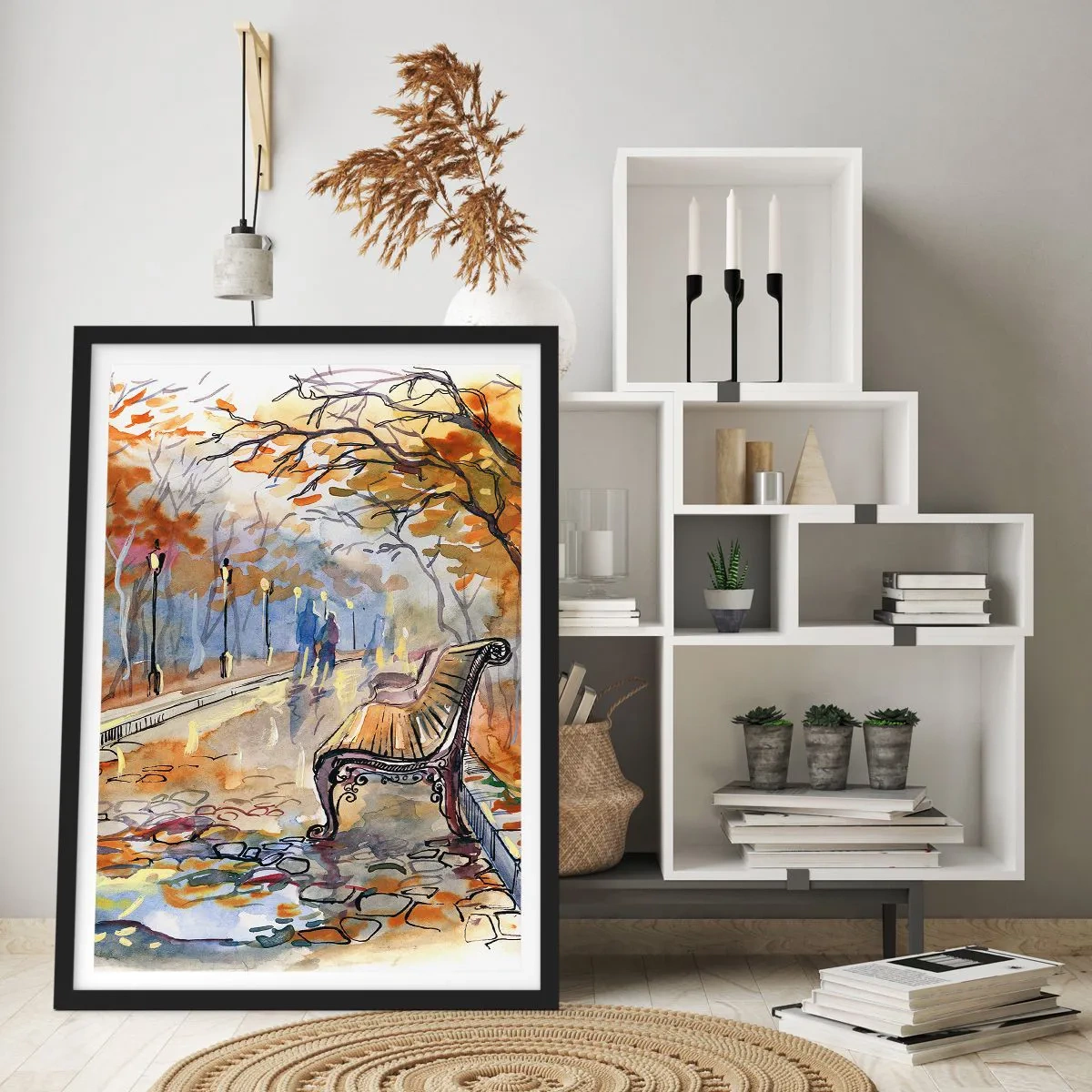 Affiche dans un cadre noir - Poster - Banc dans un parc en automne, aquarelle - 50x70cm - Errer ensemble à l'automne - Décoration murale moderne pour le salon et la chambre ARTTOR
