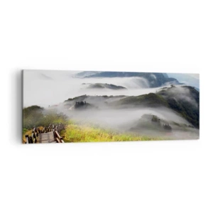 Impression sur toile - Image sur toile - Un chemin en bois parmi les montagnes brumeuses le matin - 140x50cm - Tissé d'éblouissement et de brouillard - Décoration murale moderne pour le salon et la chambre ARTTOR