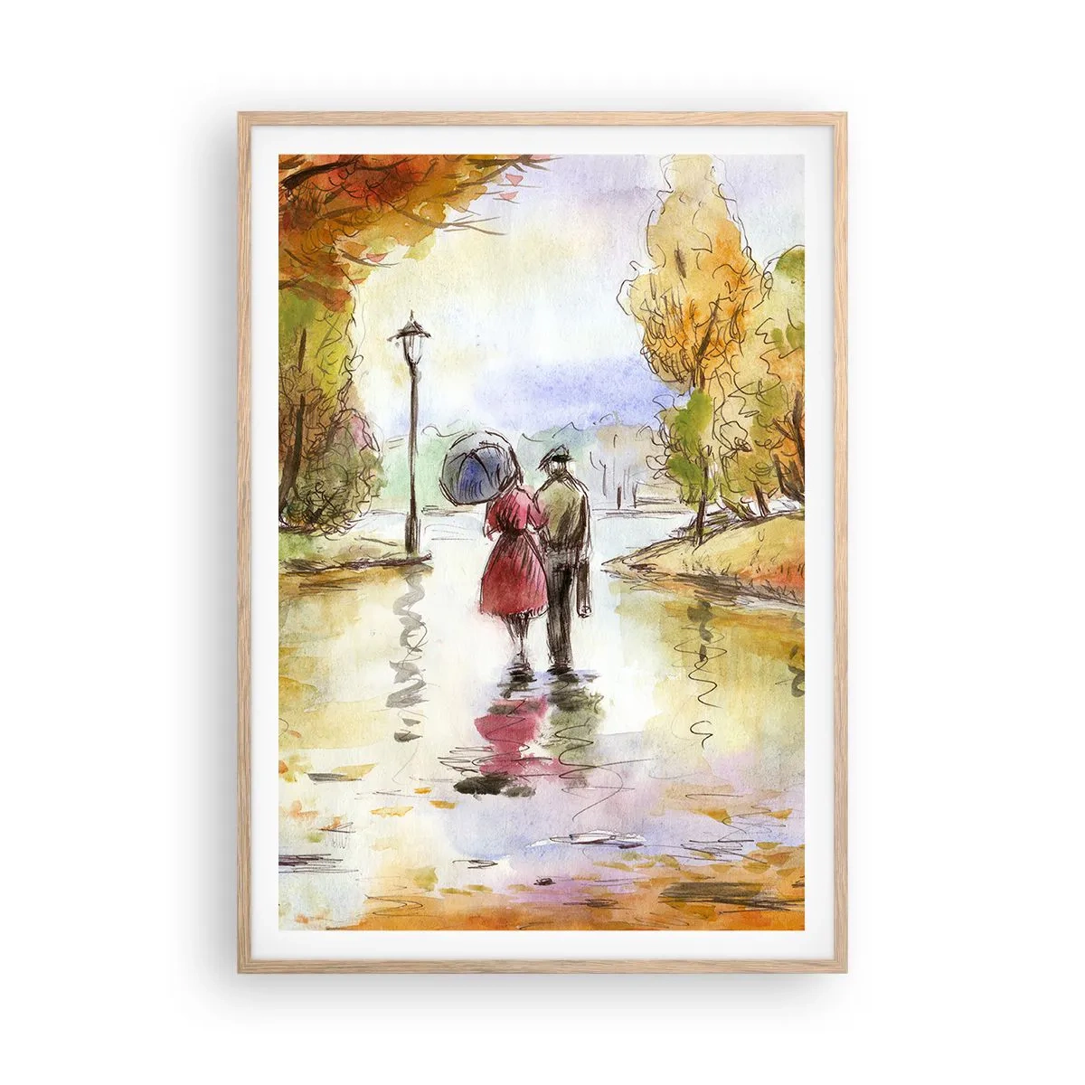 Affiche dans un chêne clair - Poster - Automne romantique dans le parc - 70x100 cm