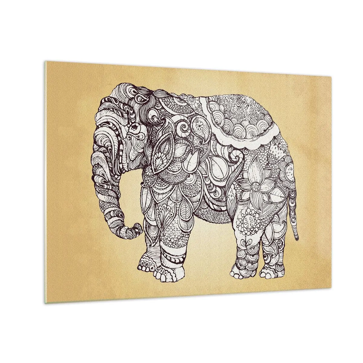 Impression sur verre - Image sur verre - Éléphant noir et blanc avec des motifs orientaux sur fond beige - 70x50cm - L'éléphant s'est apprêté - Décoration murale moderne pour le salon et la chambre ARTTOR