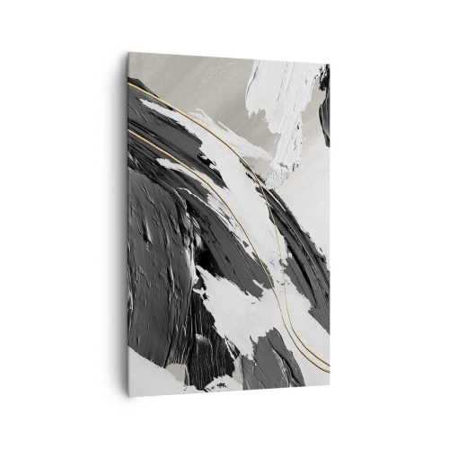 Impression sur toile - Image sur toile - Coups de pinceau noirs et blancs avec une subtile touche dorée - 80x120cm - L'abstraction à grande échelle - Décoration murale moderne pour le salon et la chambre ARTTOR