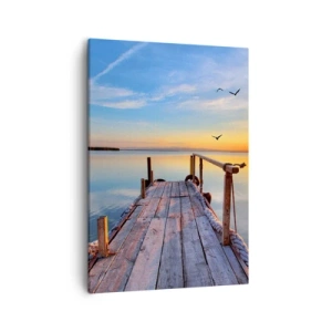 Impression sur toile - Image sur toile - Jetée en bois au coucher du soleil sur un lac calme - 50x70cm - Marcher droit vers le soleil - Décoration murale moderne pour le salon et la chambre ARTTOR