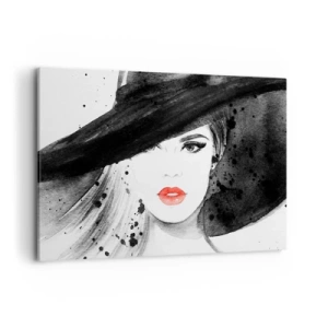 Impression sur toile - Image sur toile - Portrait d'une femme au chapeau et aux lèvres rouges - 120x80cm - Dame en noir - Décoration murale moderne pour le salon et la chambre ARTTOR