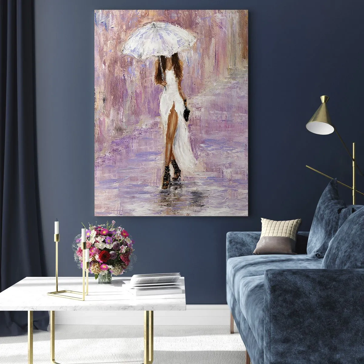 Impression sur verre - Image sur verre - Figure d'une femme avec un parapluie dans une scène de pluie lilas - 50x70cm - Sous la pluie lilas - Décoration murale moderne pour le salon et la chambre ARTTOR