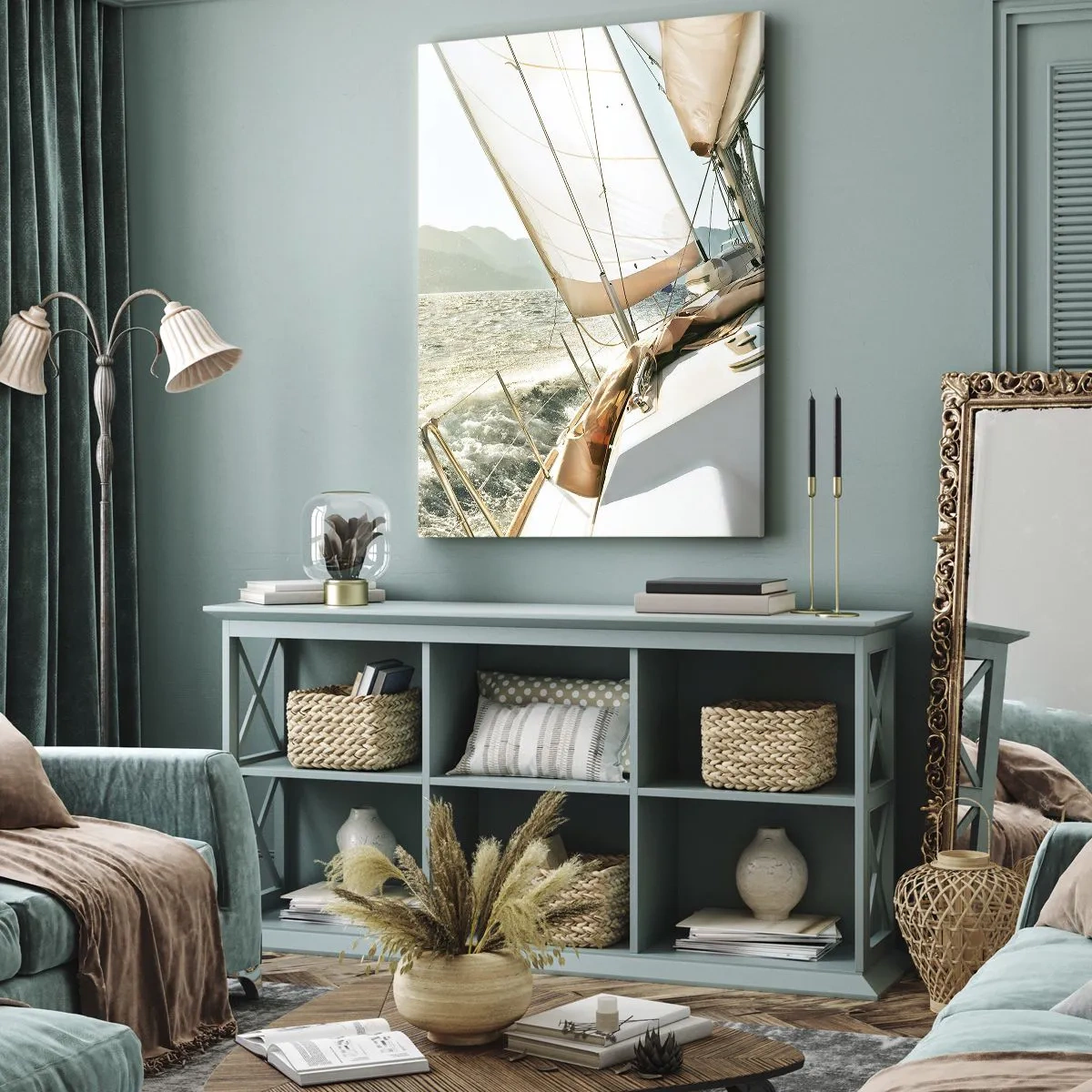 Impression sur toile - Image sur toile - Un yacht en pleine mer avec vue sur les montagnes - 80x120cm - Toutes voiles dehors - Décoration murale moderne pour le salon et la chambre ARTTOR