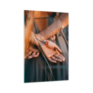 Impression sur verre - Image sur verre - Mains sensuelles avec des fleurs dans un cadre naturel - 70x100cm - Liée à la nature - Décoration murale moderne pour le salon et la chambre ARTTOR