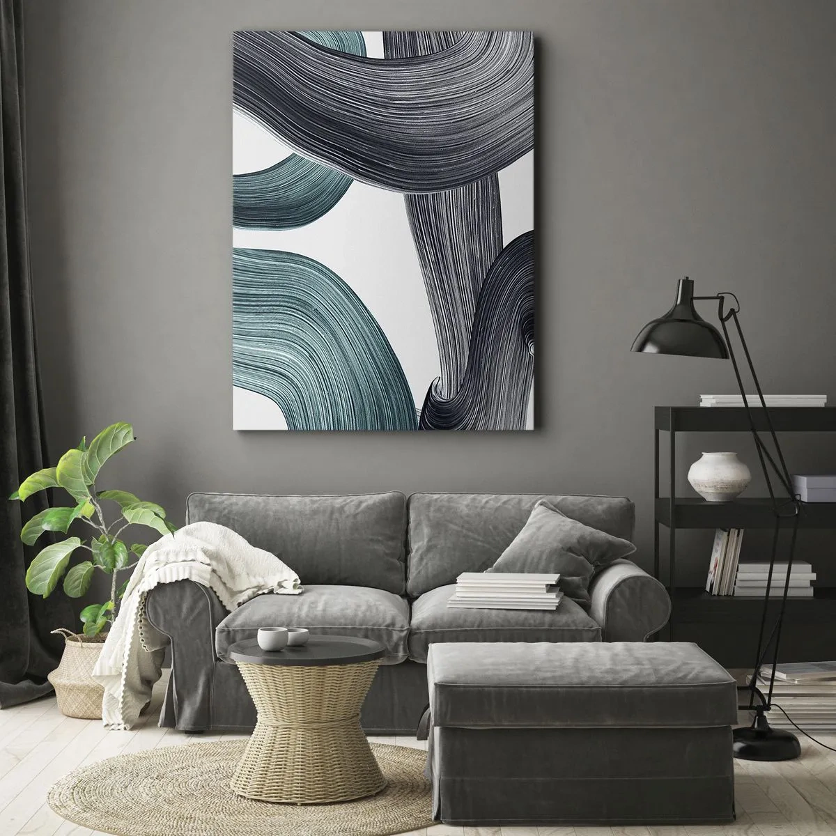 Impression sur toile - Image sur toile - Lignes abstraites fluides dans des tons de vert et de gris - 50x70cm - Sentiers émeraude et noirs - Décoration murale moderne pour le salon et la chambre ARTTOR