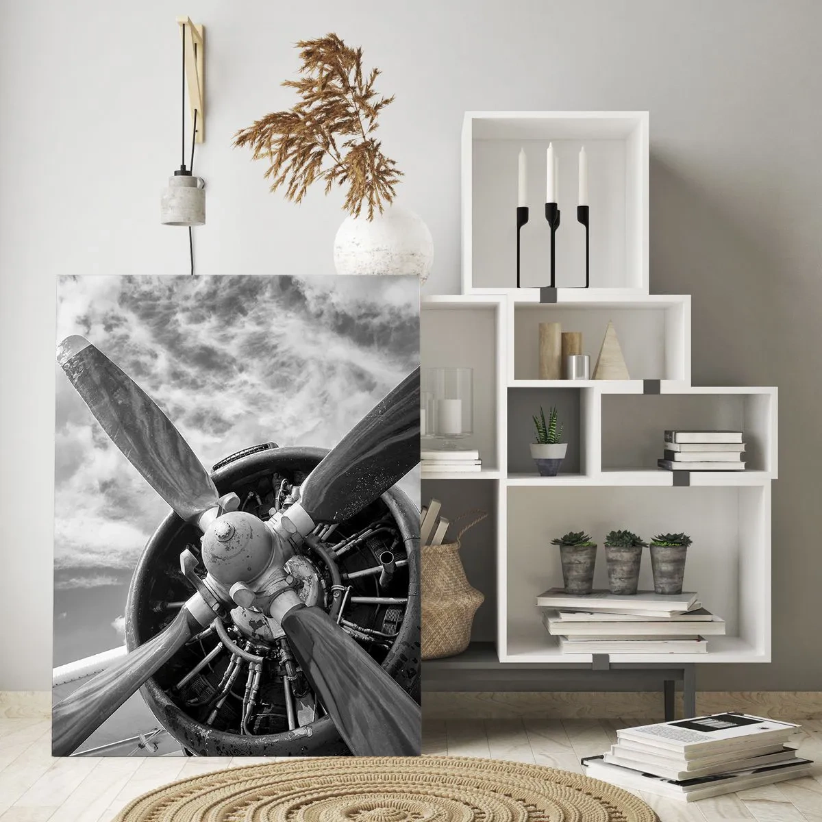 Impression sur verre - Image sur verre - Gros plan d'une hélice d'avion en noir et blanc. - 50x70cm - Dompteur de ciel - Décoration murale moderne pour le salon et la chambre ARTTOR