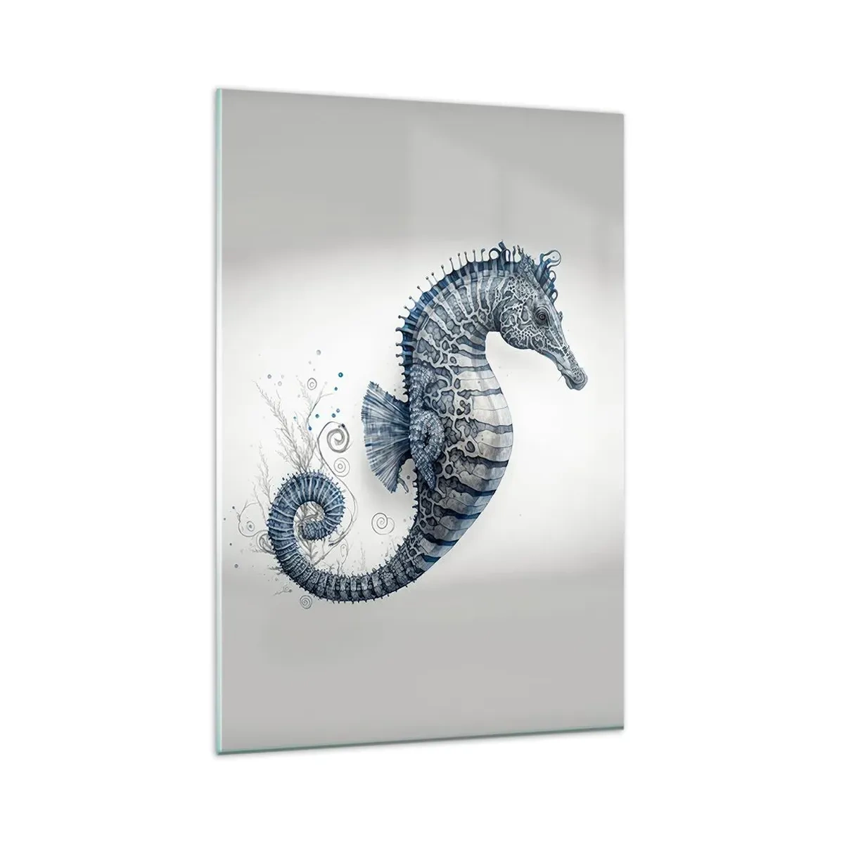 Impression sur verre - Image sur verre - Hippocampe dans des tons de bleu avec des détails à l'aquarelle - 80x120cm - Une subtile plaisanterie de la nature - Décoration murale moderne pour le salon et la chambre ARTTOR