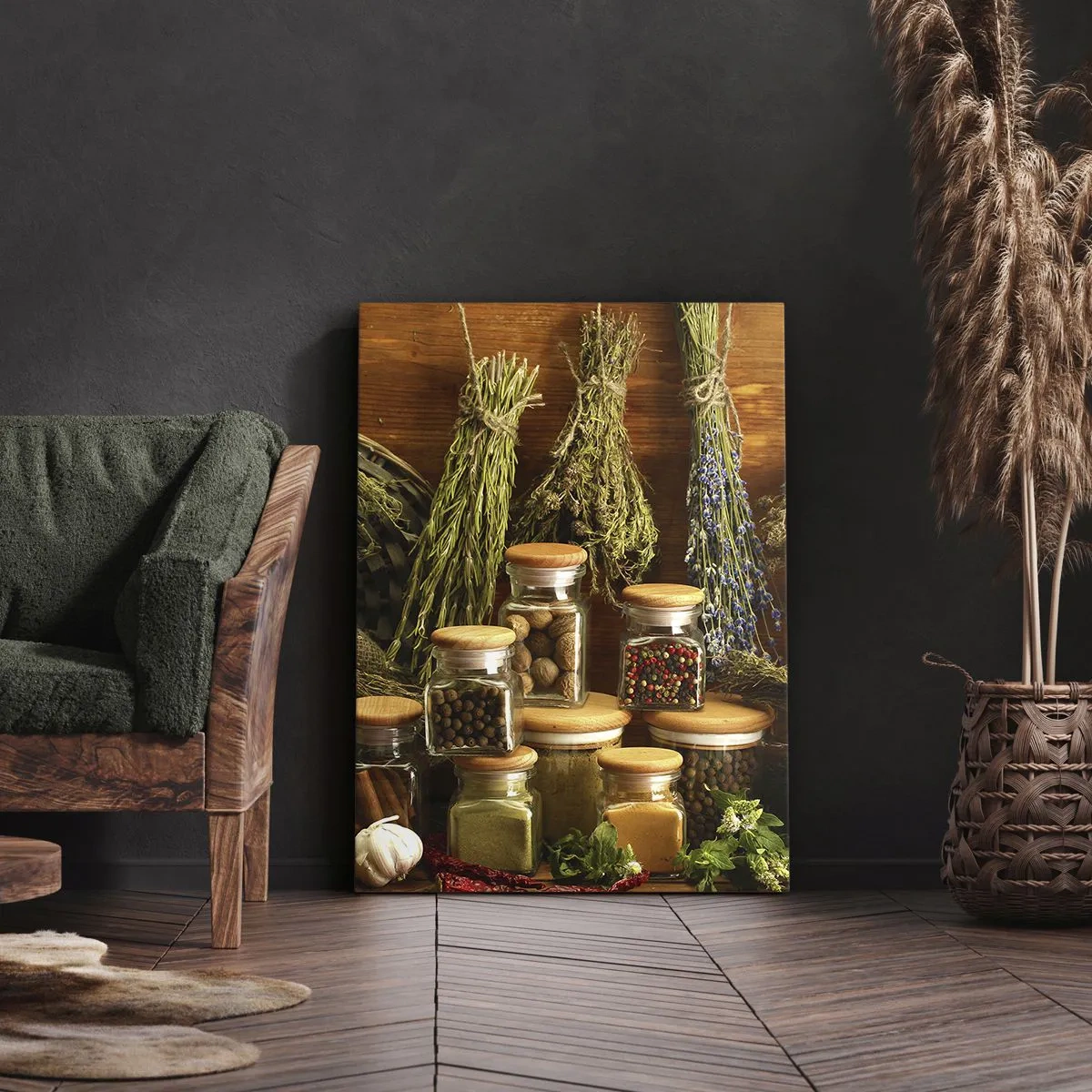 Impression sur toile - Image sur toile - Herbes et épices en pots sur fond rustique - 70x100cm - Sortilèges de cuisine - Décoration murale moderne pour le salon et la chambre ARTTOR
