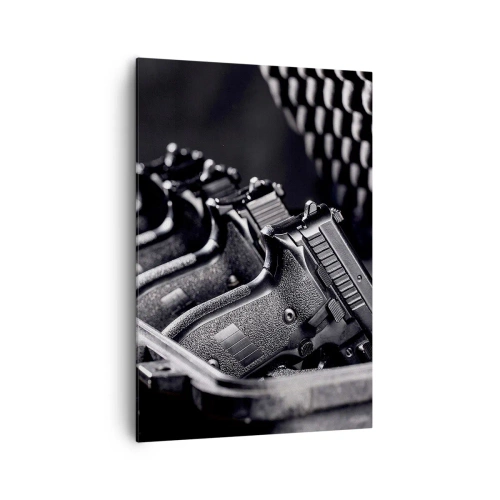 Impression sur toile - Image sur toile - Une image en noir et blanc d'une pile d'armes dans une valise. - 70x100cm - Sport masculin - Décoration murale moderne pour le salon et la chambre ARTTOR