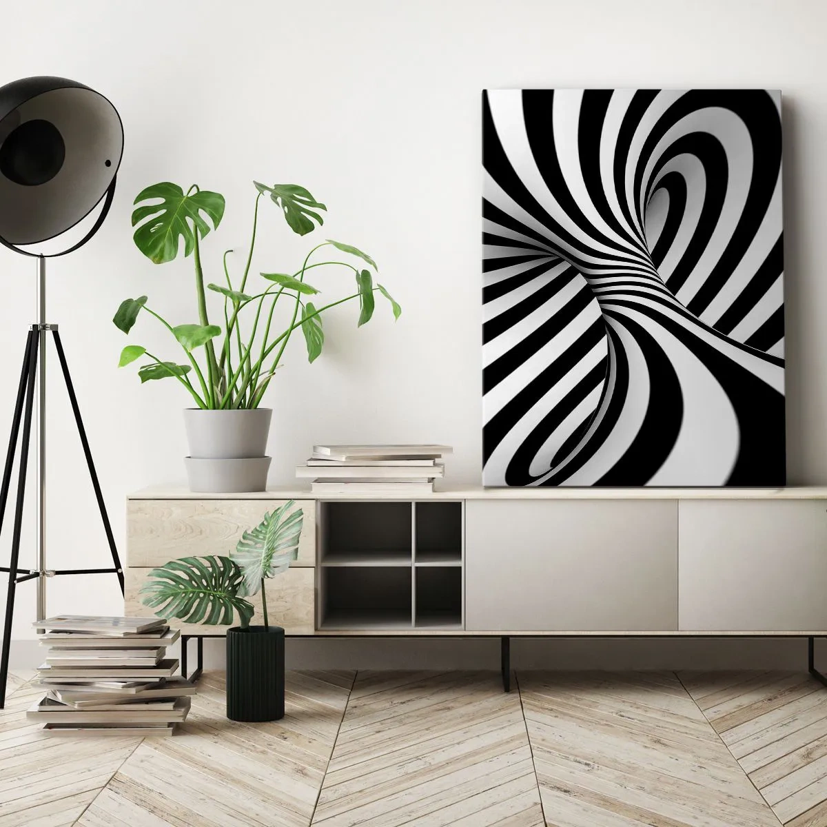 Impression sur toile - Image sur toile - Tunnel abstrait avec des rayures en spirale noires et blanches - 50x70cm - Composition : espace de danse - Décoration murale moderne pour le salon et la chambre ARTTOR