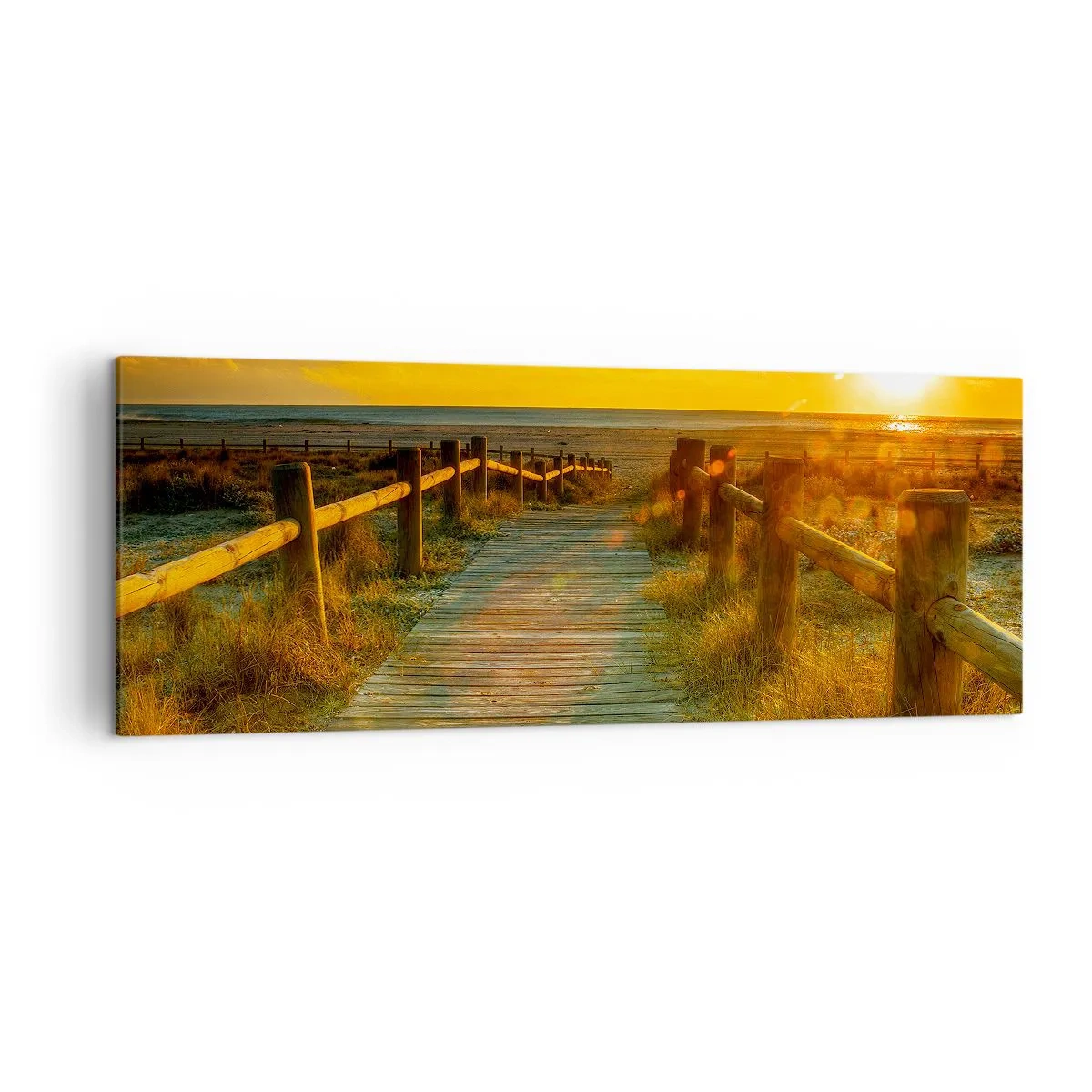 Impression sur toile - Image sur toile - Un chemin en bois menant à la plage à la lueur du soleil couchant - 140x50cm - Baigné dans le vieil or - Décoration murale moderne pour le salon et la chambre ARTTOR